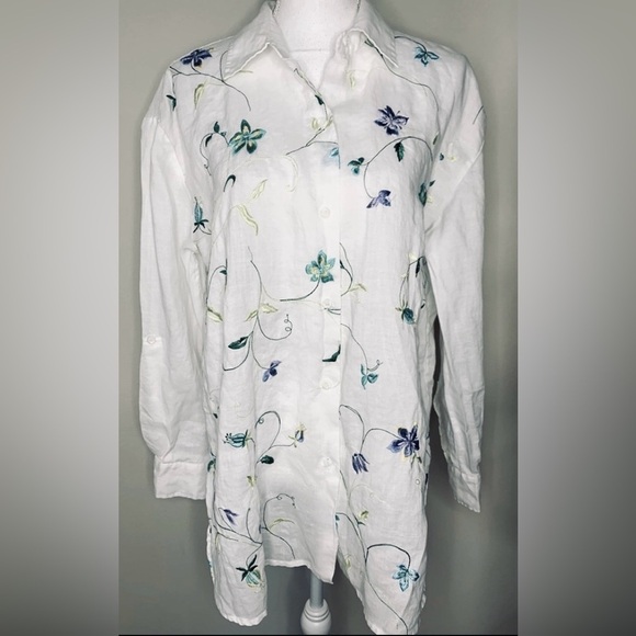 Allison Taylor Tops - Allison Taylor Linen Embroidered Floral Button Down Shirt Women Large 100% Linen